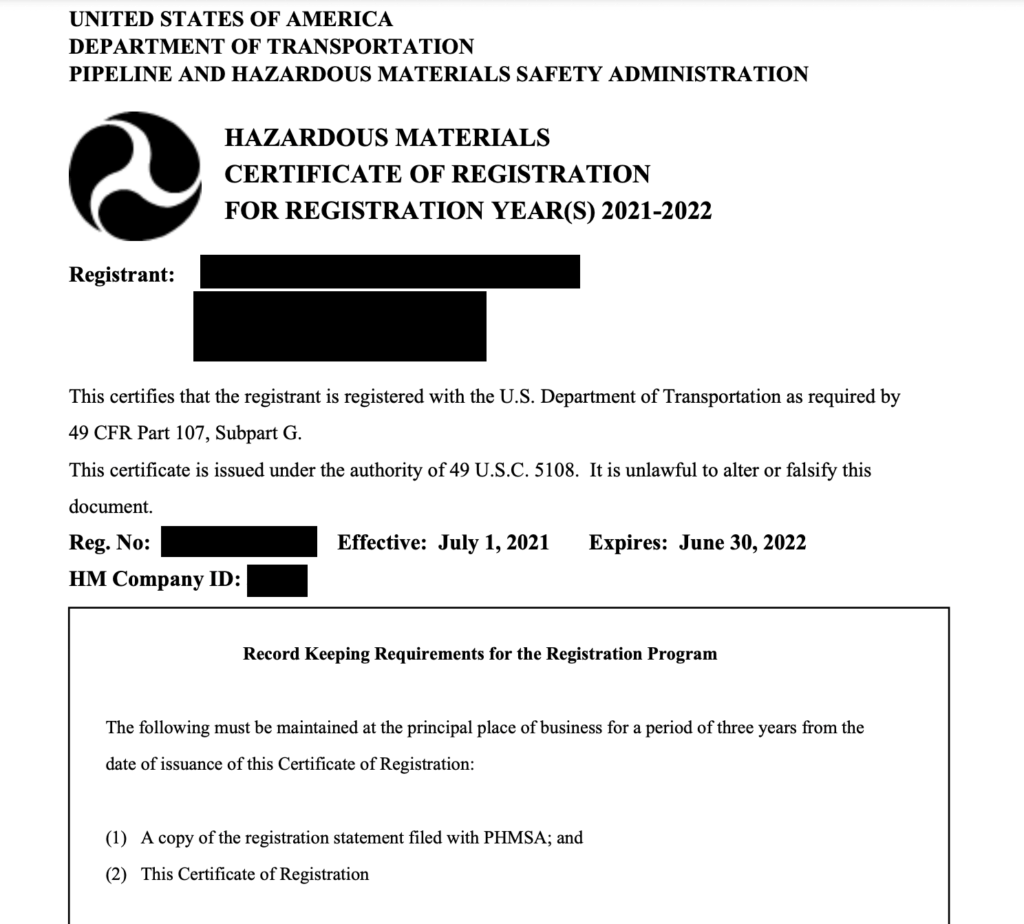 Shipper Packet needs to include Hazmat Registration from the PHMSA